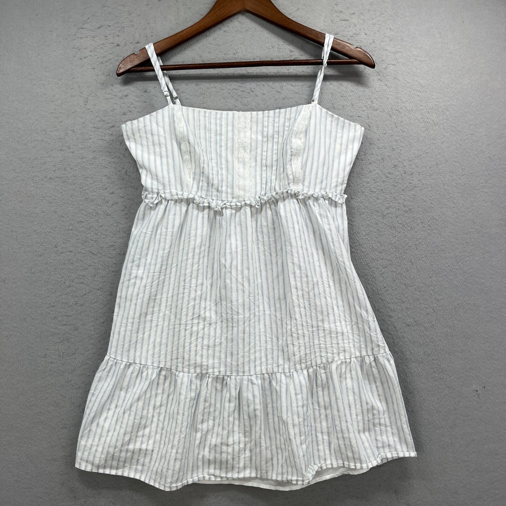 Altard State Mini Dress Womens White Blue Striped Eyelet Ruffle Coastal Mini Sun